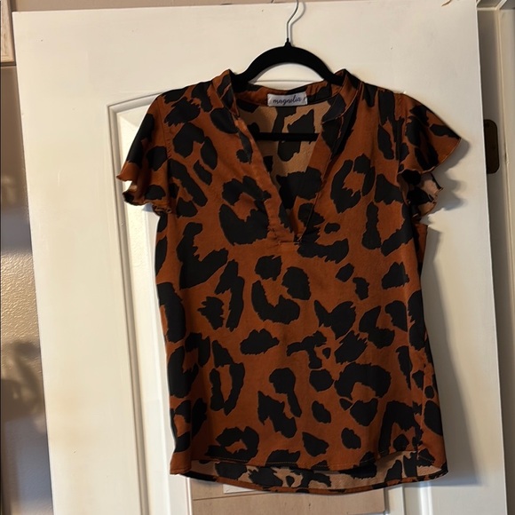 Magnolia Ruffled Brown Mandarin Collar Blouse - Picture 1 of 6